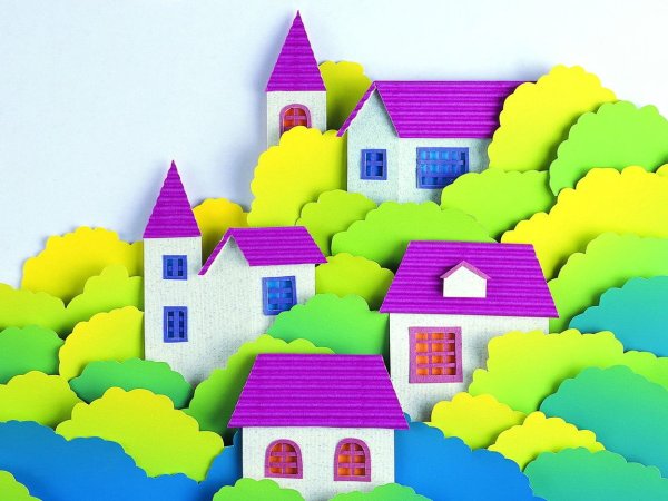 Аппликации объемные домик из цветной бумаги (39 фото)