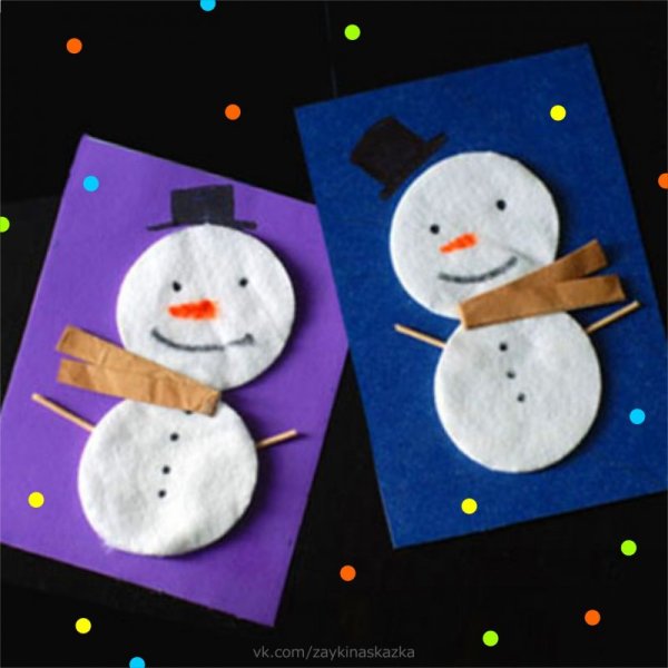 Аппликации объемные снеговик из ватных дисков (44 фото)