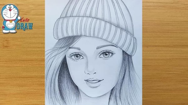 Портрет девушки в шапке карандашом